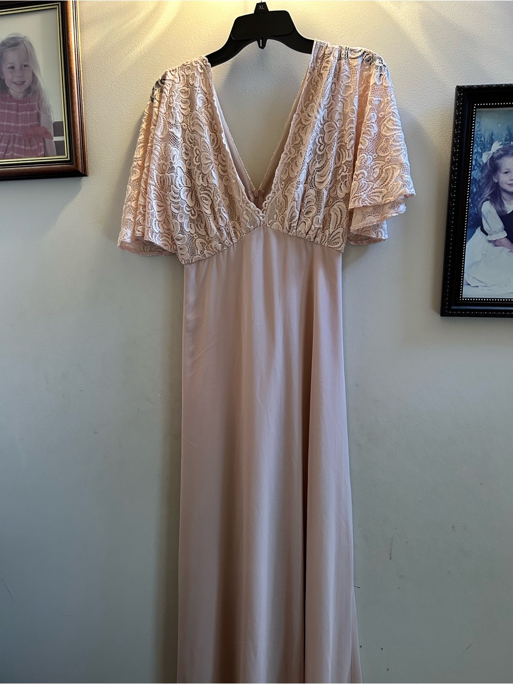 Maxi V-Neck Lace Flutter Sleeve Dress in Blush